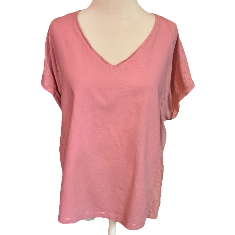 Chico's 2 Sz Large Linen Blend Tee Shirt Top Dusty Pink Natural Fabrics Coastal